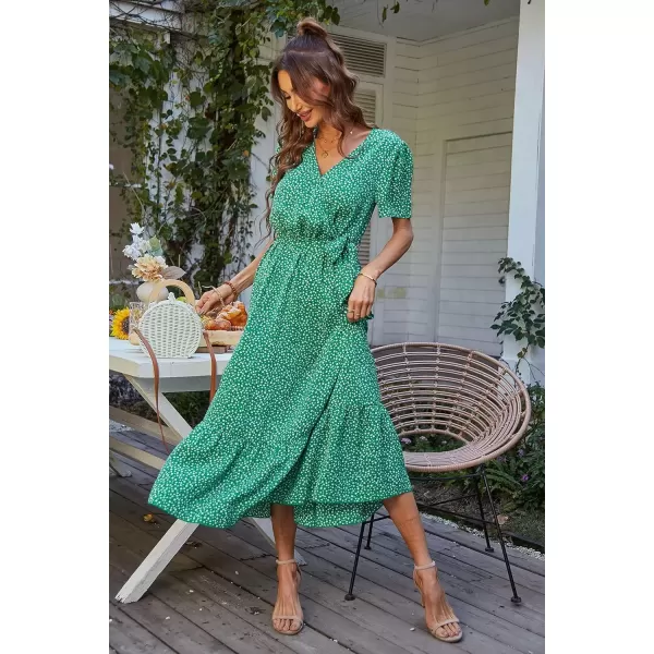 imagePRETTYGARDEN Womens 2024 Floral Boho Dress Wrap V Neck Short Sleeve Belted Ruffle Hem ALine Flowy Maxi DressesGreen Floral