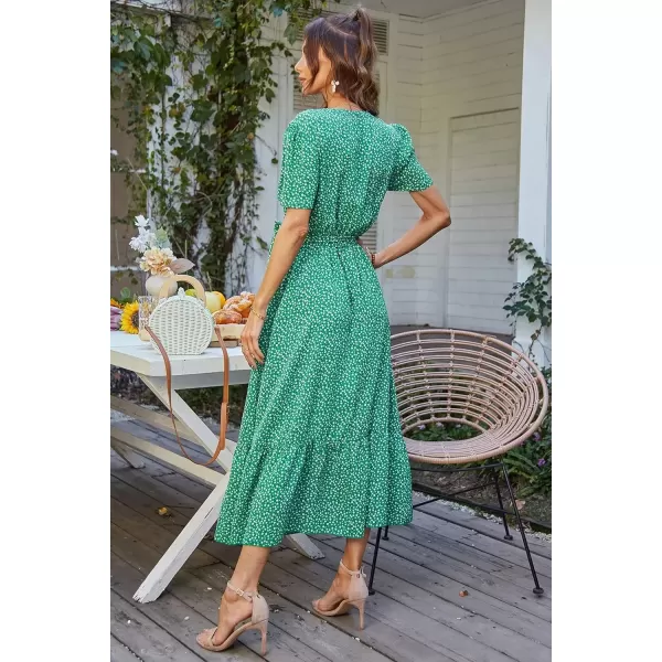 imagePRETTYGARDEN Womens 2024 Floral Boho Dress Wrap V Neck Short Sleeve Belted Ruffle Hem ALine Flowy Maxi DressesGreen Floral