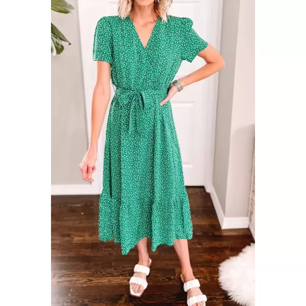 imagePRETTYGARDEN Womens 2024 Floral Boho Dress Wrap V Neck Short Sleeve Belted Ruffle Hem ALine Flowy Maxi DressesGreen Floral