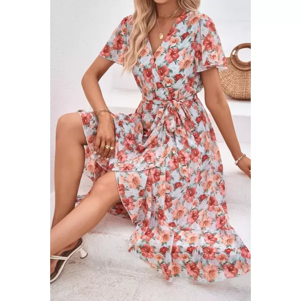 imagePRETTYGARDEN Womens 2024 Floral Boho Dress Wrap V Neck Short Sleeve Belted Ruffle Hem ALine Flowy Maxi DressesGreen Pink Floral