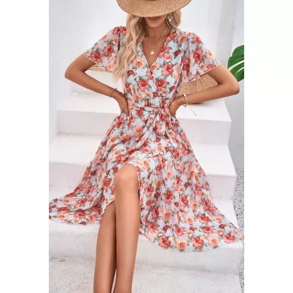 imagePRETTYGARDEN Womens 2024 Floral Boho Dress Wrap V Neck Short Sleeve Belted Ruffle Hem ALine Flowy Maxi DressesGreen Pink Floral