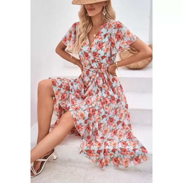 imagePRETTYGARDEN Womens 2024 Floral Boho Dress Wrap V Neck Short Sleeve Belted Ruffle Hem ALine Flowy Maxi DressesGreen Pink Floral