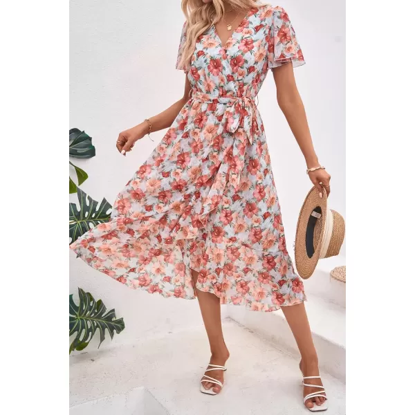 imagePRETTYGARDEN Womens 2024 Floral Boho Dress Wrap V Neck Short Sleeve Belted Ruffle Hem ALine Flowy Maxi DressesGreen Pink Floral