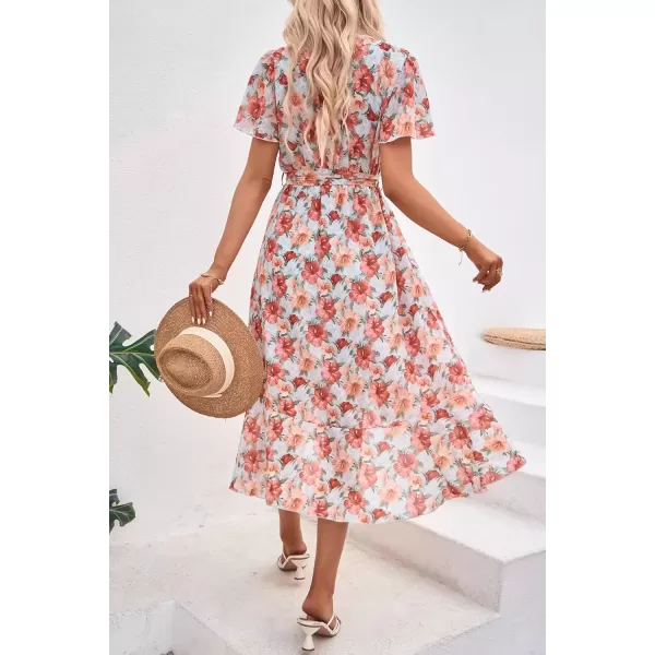 imagePRETTYGARDEN Womens 2024 Floral Boho Dress Wrap V Neck Short Sleeve Belted Ruffle Hem ALine Flowy Maxi DressesGreen Pink Floral