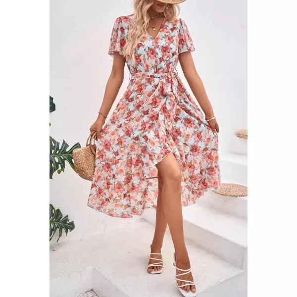 imagePRETTYGARDEN Womens 2024 Floral Boho Dress Wrap V Neck Short Sleeve Belted Ruffle Hem ALine Flowy Maxi DressesGreen Pink Floral