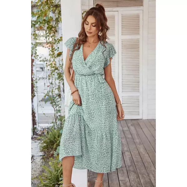 imagePRETTYGARDEN Womens 2024 Floral Boho Dress Wrap V Neck Short Sleeve Belted Ruffle Hem ALine Flowy Maxi DressesGreen01