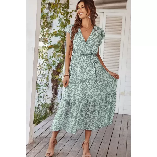 imagePRETTYGARDEN Womens 2024 Floral Boho Dress Wrap V Neck Short Sleeve Belted Ruffle Hem ALine Flowy Maxi DressesGreen01