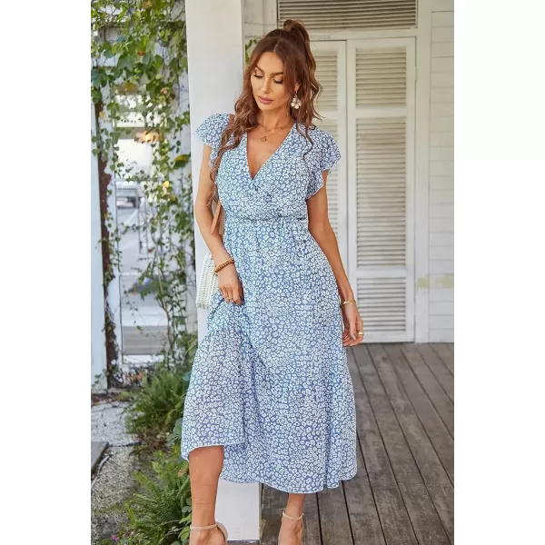 imagePRETTYGARDEN Womens 2024 Floral Boho Dress Wrap V Neck Short Sleeve Belted Ruffle Hem ALine Flowy Maxi DressesLight Blue