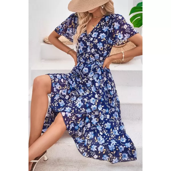 imagePRETTYGARDEN Womens 2024 Floral Boho Dress Wrap V Neck Short Sleeve Belted Ruffle Hem ALine Flowy Maxi DressesNavy White Floral