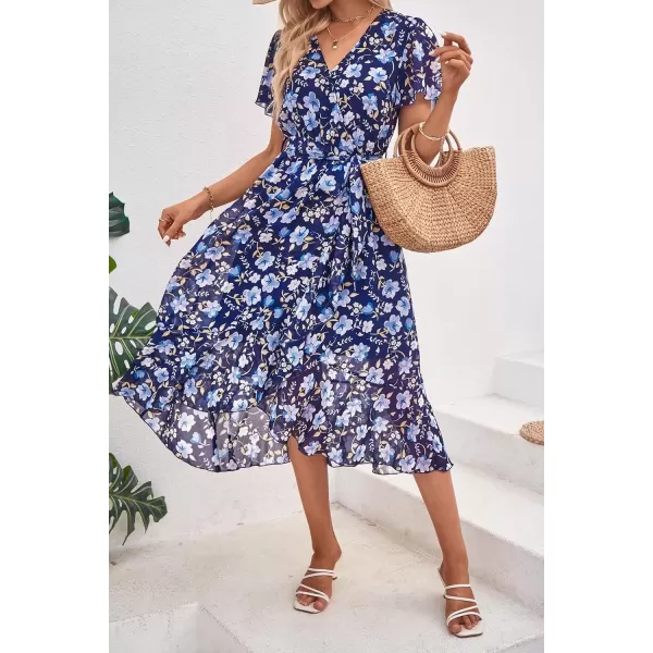 imagePRETTYGARDEN Womens 2024 Floral Boho Dress Wrap V Neck Short Sleeve Belted Ruffle Hem ALine Flowy Maxi DressesNavy White Floral
