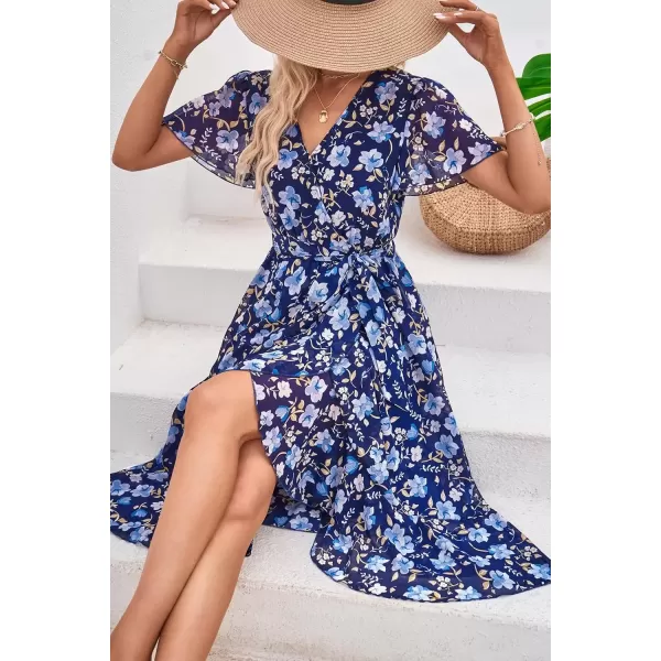 imagePRETTYGARDEN Womens 2024 Floral Boho Dress Wrap V Neck Short Sleeve Belted Ruffle Hem ALine Flowy Maxi DressesNavy White Floral