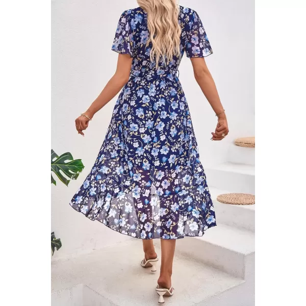 imagePRETTYGARDEN Womens 2024 Floral Boho Dress Wrap V Neck Short Sleeve Belted Ruffle Hem ALine Flowy Maxi DressesNavy White Floral