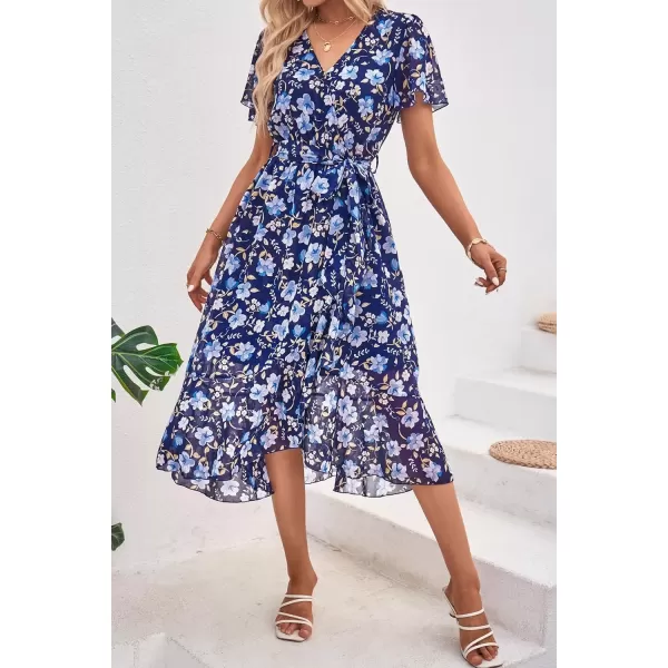 imagePRETTYGARDEN Womens 2024 Floral Boho Dress Wrap V Neck Short Sleeve Belted Ruffle Hem ALine Flowy Maxi DressesNavy White Floral