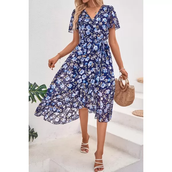 imagePRETTYGARDEN Womens 2024 Floral Boho Dress Wrap V Neck Short Sleeve Belted Ruffle Hem ALine Flowy Maxi DressesNavy White Floral