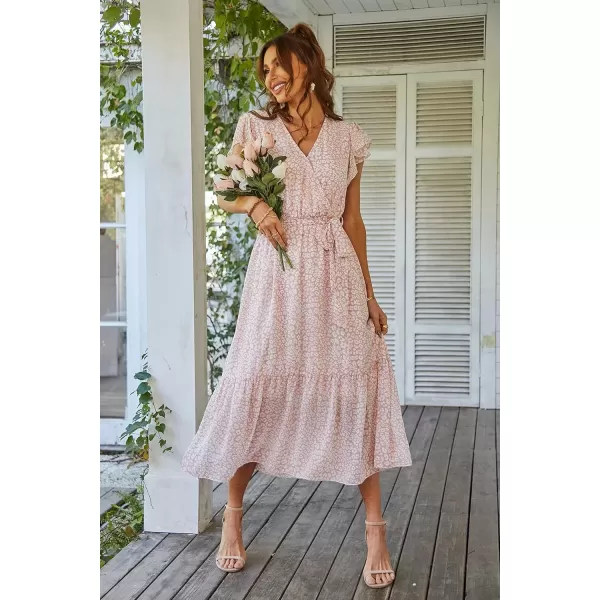 imagePRETTYGARDEN Womens 2024 Floral Boho Dress Wrap V Neck Short Sleeve Belted Ruffle Hem ALine Flowy Maxi DressesPink