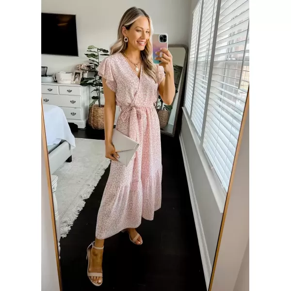 imagePRETTYGARDEN Womens 2024 Floral Boho Dress Wrap V Neck Short Sleeve Belted Ruffle Hem ALine Flowy Maxi DressesPink