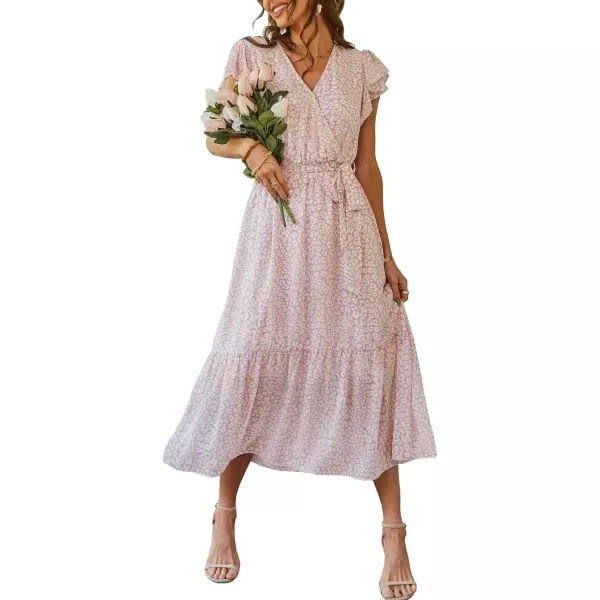 imagePRETTYGARDEN Womens 2024 Floral Boho Dress Wrap V Neck Short Sleeve Belted Ruffle Hem ALine Flowy Maxi DressesPink