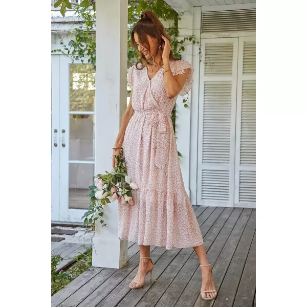 imagePRETTYGARDEN Womens 2024 Floral Boho Dress Wrap V Neck Short Sleeve Belted Ruffle Hem ALine Flowy Maxi DressesPink