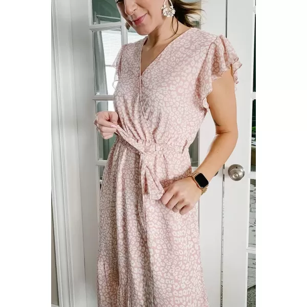 imagePRETTYGARDEN Womens 2024 Floral Boho Dress Wrap V Neck Short Sleeve Belted Ruffle Hem ALine Flowy Maxi DressesPink