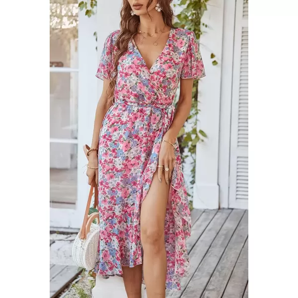 imagePRETTYGARDEN Womens 2024 Floral Boho Dress Wrap V Neck Short Sleeve Belted Ruffle Hem ALine Flowy Maxi DressesPink Floral