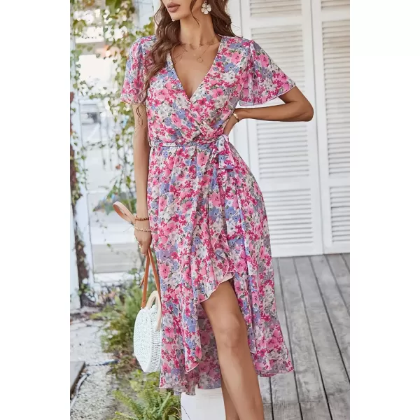 imagePRETTYGARDEN Womens 2024 Floral Boho Dress Wrap V Neck Short Sleeve Belted Ruffle Hem ALine Flowy Maxi DressesPink Floral