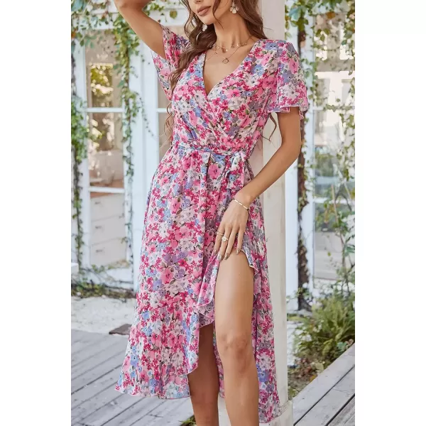 imagePRETTYGARDEN Womens 2024 Floral Boho Dress Wrap V Neck Short Sleeve Belted Ruffle Hem ALine Flowy Maxi DressesPink Floral
