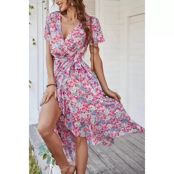 imagePRETTYGARDEN Womens 2024 Floral Boho Dress Wrap V Neck Short Sleeve Belted Ruffle Hem ALine Flowy Maxi DressesPink Floral