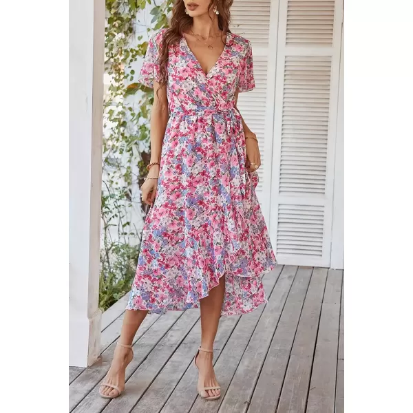 imagePRETTYGARDEN Womens 2024 Floral Boho Dress Wrap V Neck Short Sleeve Belted Ruffle Hem ALine Flowy Maxi DressesPink Floral