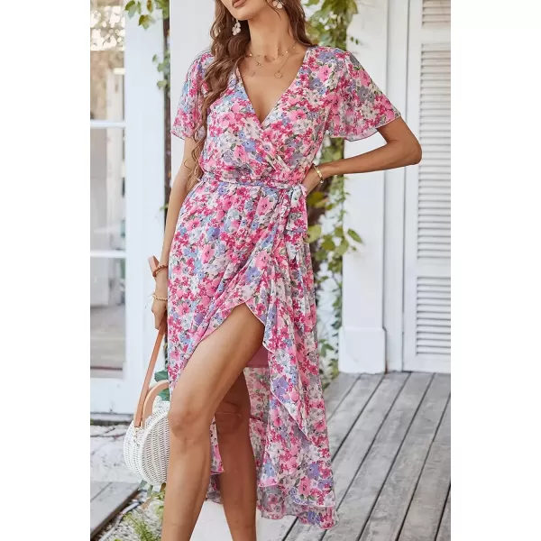imagePRETTYGARDEN Womens 2024 Floral Boho Dress Wrap V Neck Short Sleeve Belted Ruffle Hem ALine Flowy Maxi DressesPink Floral