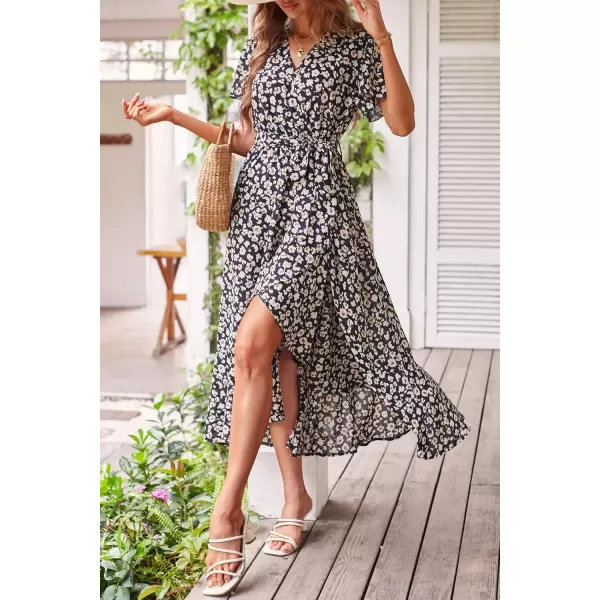 imagePRETTYGARDEN Womens 2024 Floral Boho Dress Wrap V Neck Short Sleeve Belted Ruffle Hem ALine Flowy Maxi DressesPrint Black