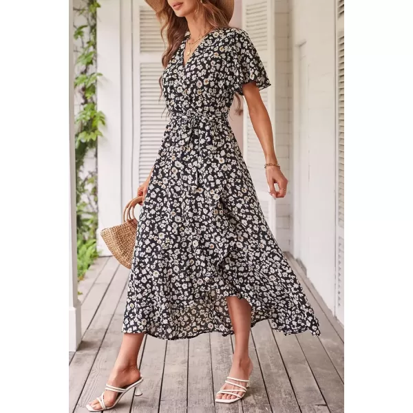 imagePRETTYGARDEN Womens 2024 Floral Boho Dress Wrap V Neck Short Sleeve Belted Ruffle Hem ALine Flowy Maxi DressesPrint Black