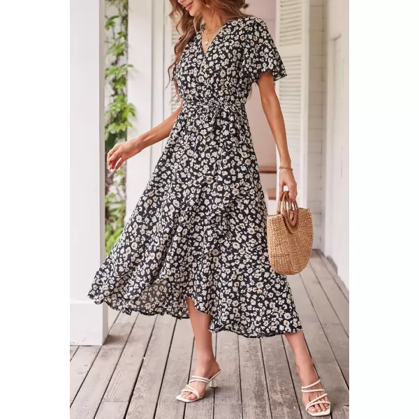 imagePRETTYGARDEN Womens 2024 Floral Boho Dress Wrap V Neck Short Sleeve Belted Ruffle Hem ALine Flowy Maxi DressesPrint Black