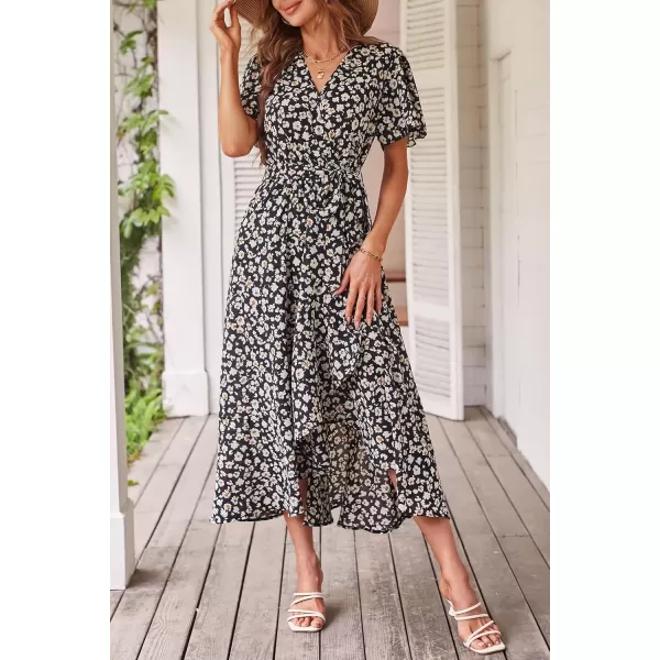 imagePRETTYGARDEN Womens 2024 Floral Boho Dress Wrap V Neck Short Sleeve Belted Ruffle Hem ALine Flowy Maxi DressesPrint Black