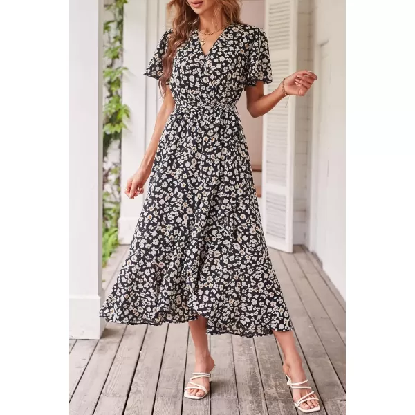 imagePRETTYGARDEN Womens 2024 Floral Boho Dress Wrap V Neck Short Sleeve Belted Ruffle Hem ALine Flowy Maxi DressesPrint Black