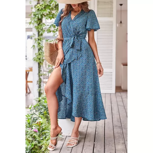 imagePRETTYGARDEN Womens 2024 Floral Boho Dress Wrap V Neck Short Sleeve Belted Ruffle Hem ALine Flowy Maxi DressesPrint Blue