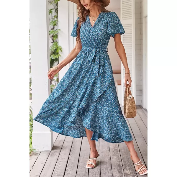 imagePRETTYGARDEN Womens 2024 Floral Boho Dress Wrap V Neck Short Sleeve Belted Ruffle Hem ALine Flowy Maxi DressesPrint Blue