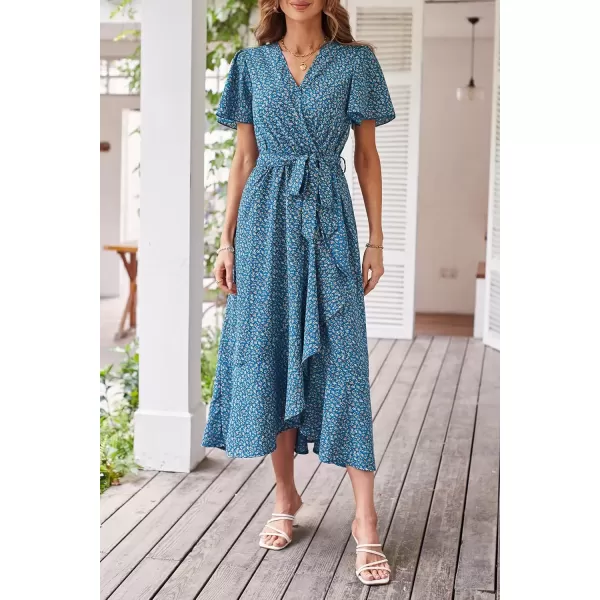 imagePRETTYGARDEN Womens 2024 Floral Boho Dress Wrap V Neck Short Sleeve Belted Ruffle Hem ALine Flowy Maxi DressesPrint Blue