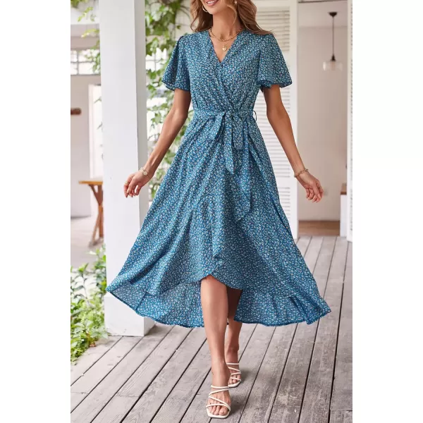 imagePRETTYGARDEN Womens 2024 Floral Boho Dress Wrap V Neck Short Sleeve Belted Ruffle Hem ALine Flowy Maxi DressesPrint Blue
