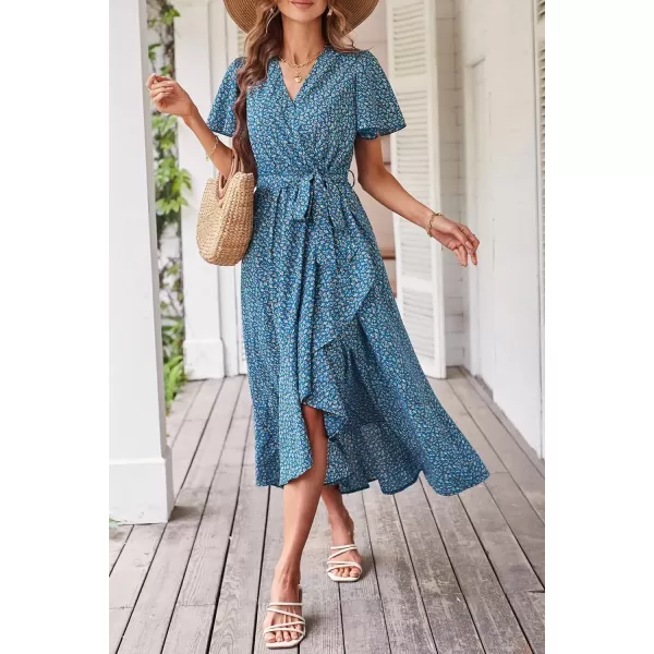 imagePRETTYGARDEN Womens 2024 Floral Boho Dress Wrap V Neck Short Sleeve Belted Ruffle Hem ALine Flowy Maxi DressesPrint Blue