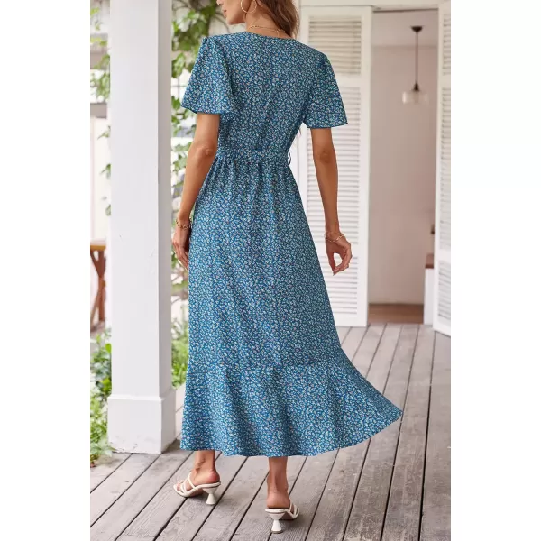 imagePRETTYGARDEN Womens 2024 Floral Boho Dress Wrap V Neck Short Sleeve Belted Ruffle Hem ALine Flowy Maxi DressesPrint Blue