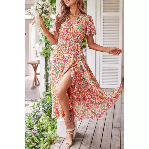 imagePRETTYGARDEN Womens 2024 Floral Boho Dress Wrap V Neck Short Sleeve Belted Ruffle Hem ALine Flowy Maxi DressesPrint White Pink