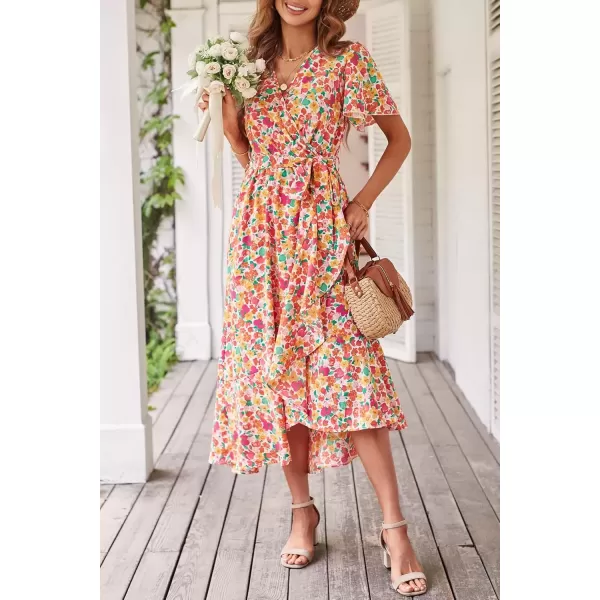 imagePRETTYGARDEN Womens 2024 Floral Boho Dress Wrap V Neck Short Sleeve Belted Ruffle Hem ALine Flowy Maxi DressesPrint White Pink