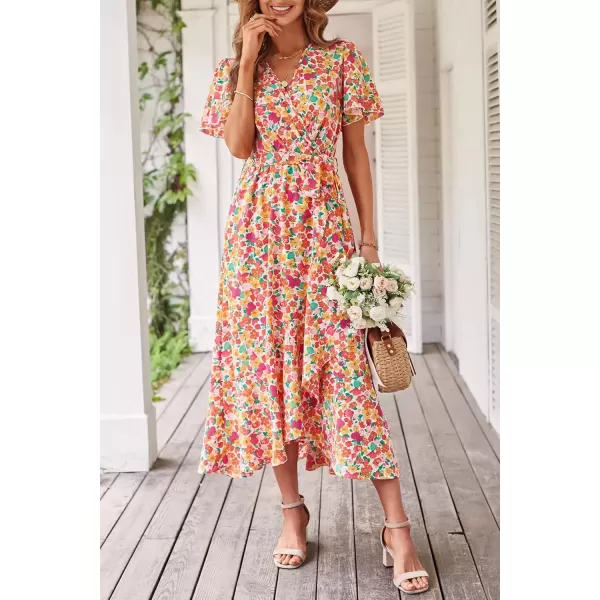 imagePRETTYGARDEN Womens 2024 Floral Boho Dress Wrap V Neck Short Sleeve Belted Ruffle Hem ALine Flowy Maxi DressesPrint White Pink