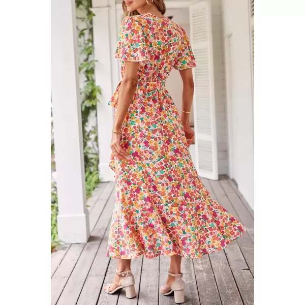 imagePRETTYGARDEN Womens 2024 Floral Boho Dress Wrap V Neck Short Sleeve Belted Ruffle Hem ALine Flowy Maxi DressesPrint White Pink