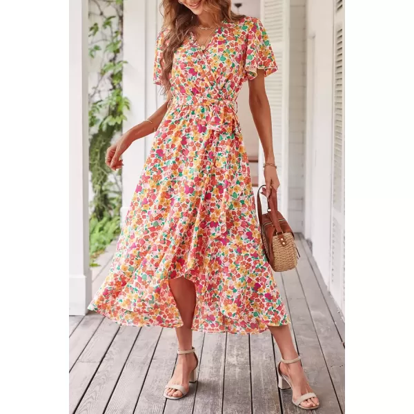 imagePRETTYGARDEN Womens 2024 Floral Boho Dress Wrap V Neck Short Sleeve Belted Ruffle Hem ALine Flowy Maxi DressesPrint White Pink