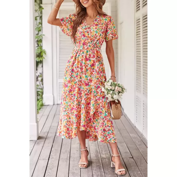 imagePRETTYGARDEN Womens 2024 Floral Boho Dress Wrap V Neck Short Sleeve Belted Ruffle Hem ALine Flowy Maxi DressesPrint White Pink