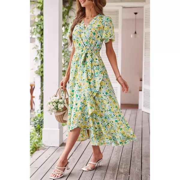 imagePRETTYGARDEN Womens 2024 Floral Boho Dress Wrap V Neck Short Sleeve Belted Ruffle Hem ALine Flowy Maxi DressesPrint White Yellow