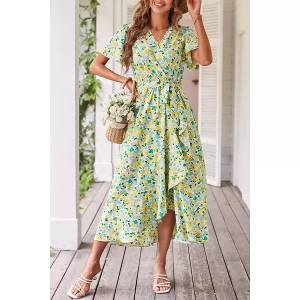 imagePRETTYGARDEN Womens 2024 Floral Boho Dress Wrap V Neck Short Sleeve Belted Ruffle Hem ALine Flowy Maxi DressesPrint White Yellow