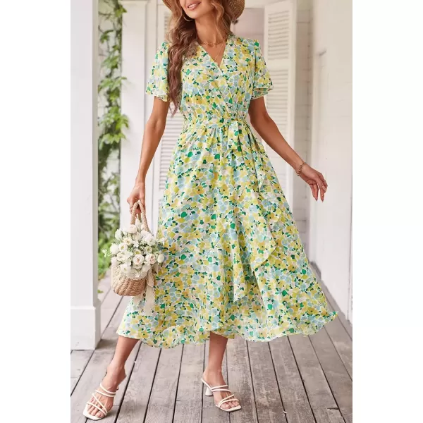 imagePRETTYGARDEN Womens 2024 Floral Boho Dress Wrap V Neck Short Sleeve Belted Ruffle Hem ALine Flowy Maxi DressesPrint White Yellow