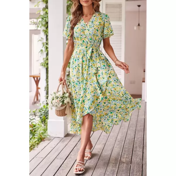 imagePRETTYGARDEN Womens 2024 Floral Boho Dress Wrap V Neck Short Sleeve Belted Ruffle Hem ALine Flowy Maxi DressesPrint White Yellow